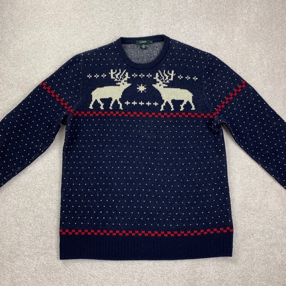 FLAW J.Crew Sweater Mens M Navy Blue Lambswool Reindeer Snowflake Fair Isle - Picture 2 of 14